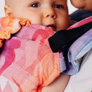 Primer plano bebé en una mochila ergonómica y evolutiva Lenny Lamb, modelo UpGrade, con el colorido diseño Swallows Rainbow Light