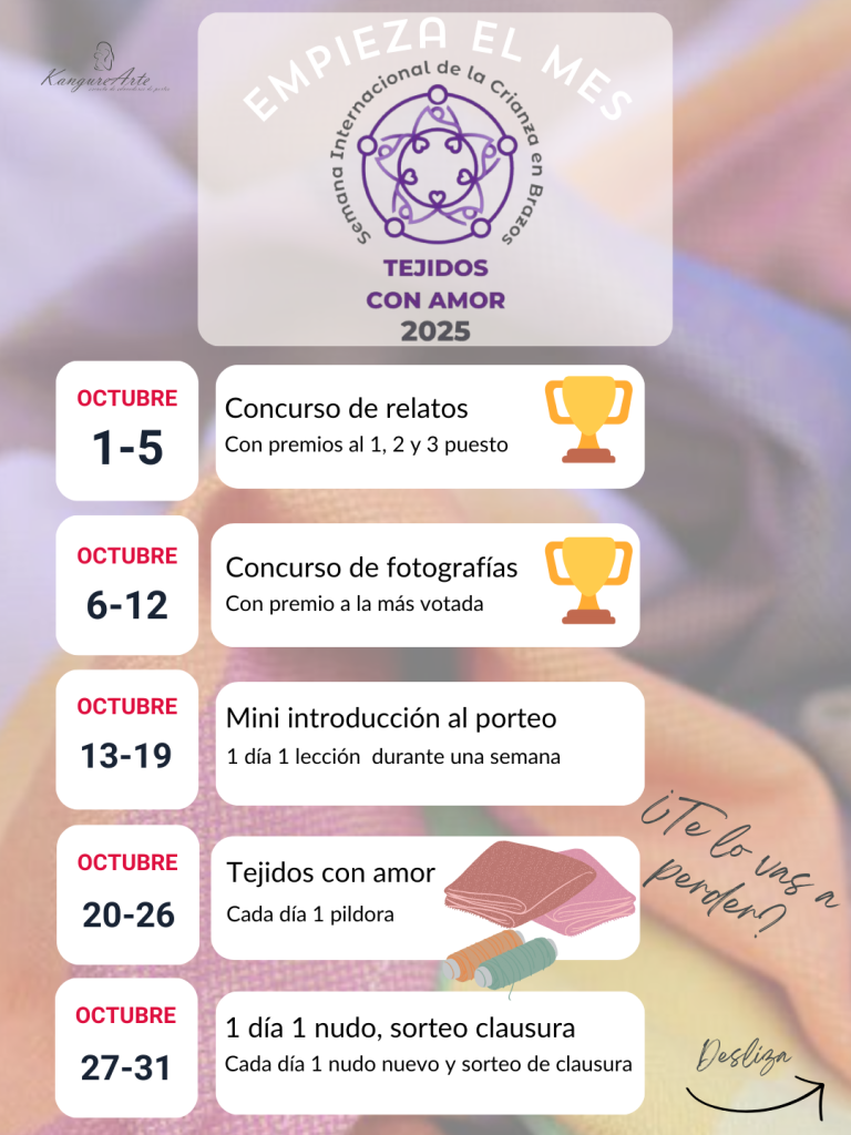 Cartel con el calendario de actividades de KangureArte para el Mes Internacional de la Crianza en Brazos, octubre 2025. Incluye concurso de relatos y fotografías, mini introducción al porteo, píldoras formativas y sorteo de clausura.