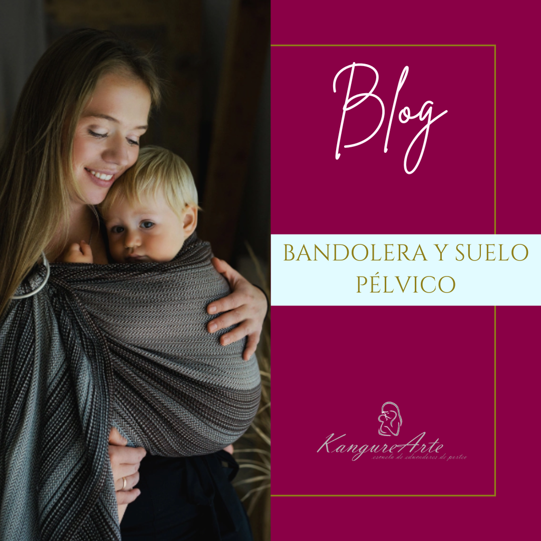 Imagen destacada del blog de KangureArte con el título 'Bandolera y suelo pélvico'. Muestra a una madre sonriendo mientras portea a su bebé en una bandolera de anillas de rayas grises.