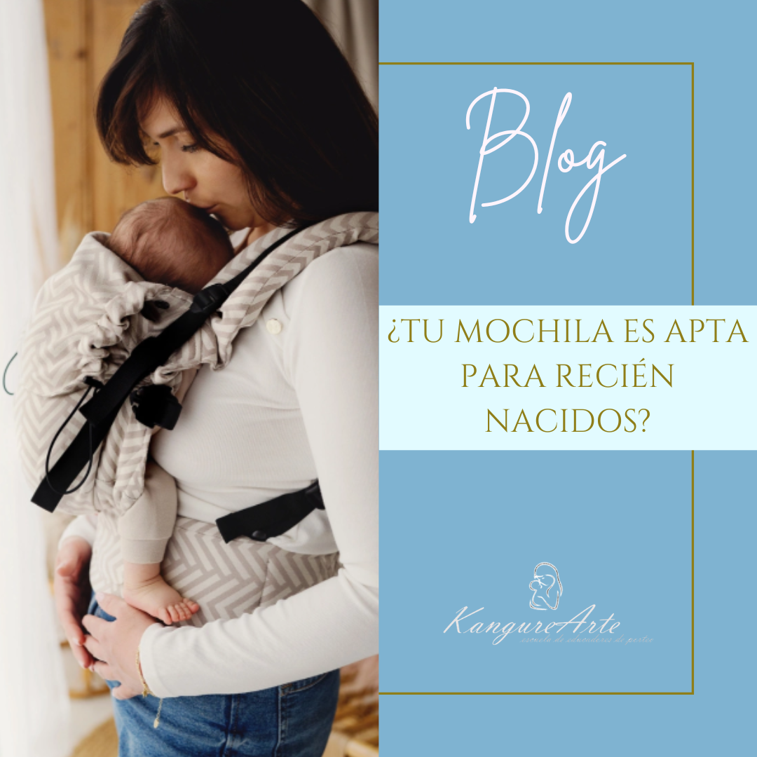 Miniatura cuadrada del blog de KangureArte con la pregunta '¿Tu mochila es apta para recién nacidos?'. A la izquierda, una madre besando a su recién nacido, porteado de forma segura en una mochila evolutiva de color beige.