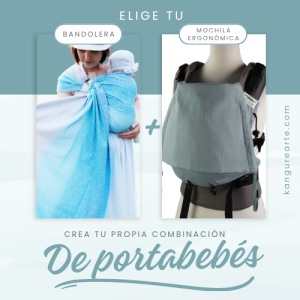 Imagen promocional del pack personalizable de portabebés KangureArte con el texto 'Elige tu Bandolera + Mochila Ergonómica. Crea tu propia combinación de portabebés'. Muestra a la izquierda una madre porteando a la cadera en bandolera azul brillante y a la derecha una mochila ergonómica gris verde salvia.