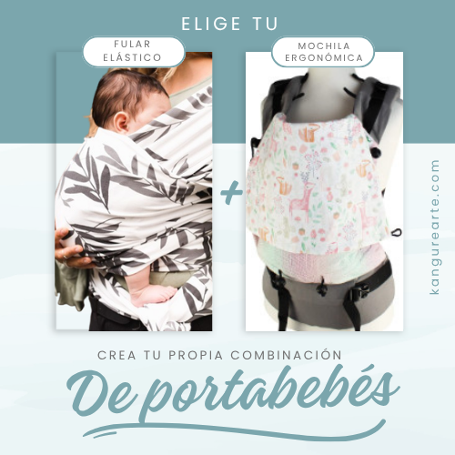 Imagen promocional del pack personalizable de portabebés KangureArte con el texto 'Elige tu Fular Elástico + Mochila Ergonómica. Crea tu propia combinación de portabebés'. Muestra a la izquierda un fular elástico estampado con hojas y a la derecha una mochila ergonómica con motivos infantiles.