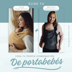 Imagen promocional del pack personalizable de portabebés KangureArte con el texto 'Elige tu Fular Semielástico + Mochila Ergonómica. Crea tu propia combinación de portabebés'. Muestra a la izquierda una madre porteando a un recién nacido en fular semielástico mostaza y a la derecha una madre con mochila ergonómica gris.