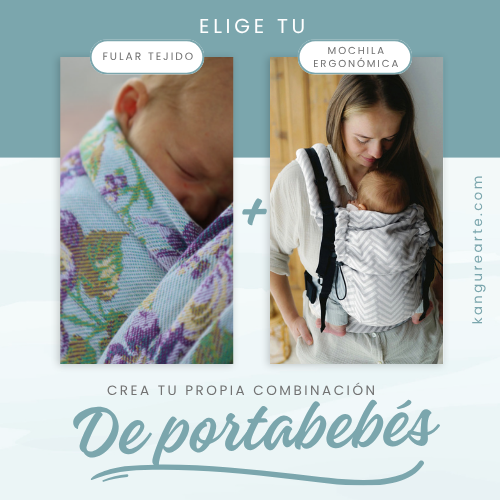 Imagen promocional del pack personalizable de portabebés KangureArte con el texto 'Elige tu Fular Tejido + Mochila Ergonómica. Crea tu propia combinación de portabebés'. Muestra a la izquierda un recién nacido dormido en un fular tejido con estampado floral en tonos azules y morados, y a la derecha una madre con mochila ergonómica gris.