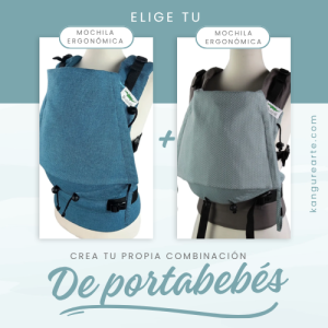 Imagen promocional del pack doble de mochilas ergonómicas KangureArte con el texto 'Elige tu Mochila Ergonómica + Mochila Ergonómica. Crea tu propia combinación de portabebés'. Muestra a la izquierda una mochila ergonómica azul petrolero y a la derecha una en verde salvia.