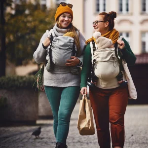 Dos madres caminando por una calle adoquinada conversando y porteando a sus bebés con mochilas evolutivas Little Frog Prime V3.