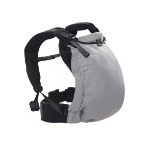 Fotografía de catálogo en fondo blanco de la mochila ergonómica evolutiva Néobulle My Néo Grey con panel gris y tirantes negros.