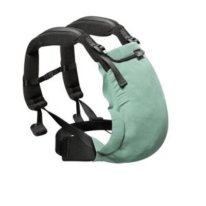 Fotografía de catálogo en fondo blanco de la mochila ergonómica evolutiva Néobulle My Néo Vert con panel verde menta y tirantes negros.